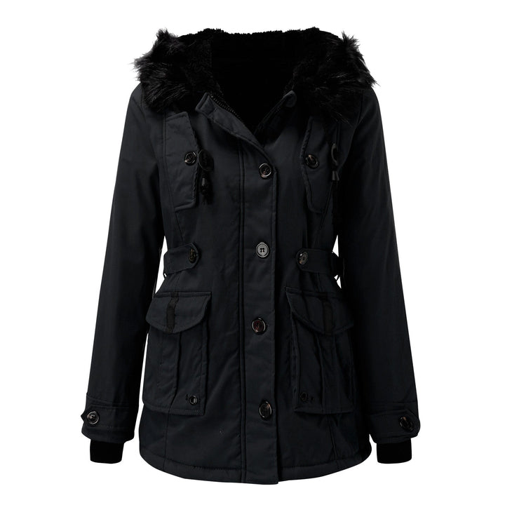Femke zwarte winterparka met kunstbontcapuchon, close-up voorpanden
