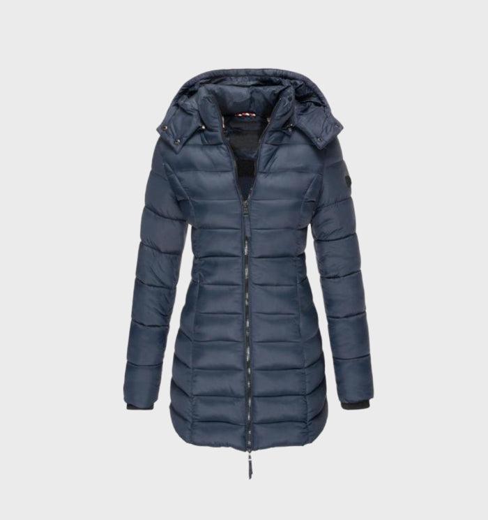 Femke gewatteerde lange winterjas met capuchon, voorkant blauw