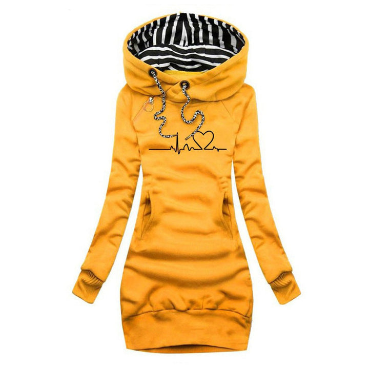 Fenna gele hartslag print capuchon sweaterjurk, vooraanzicht