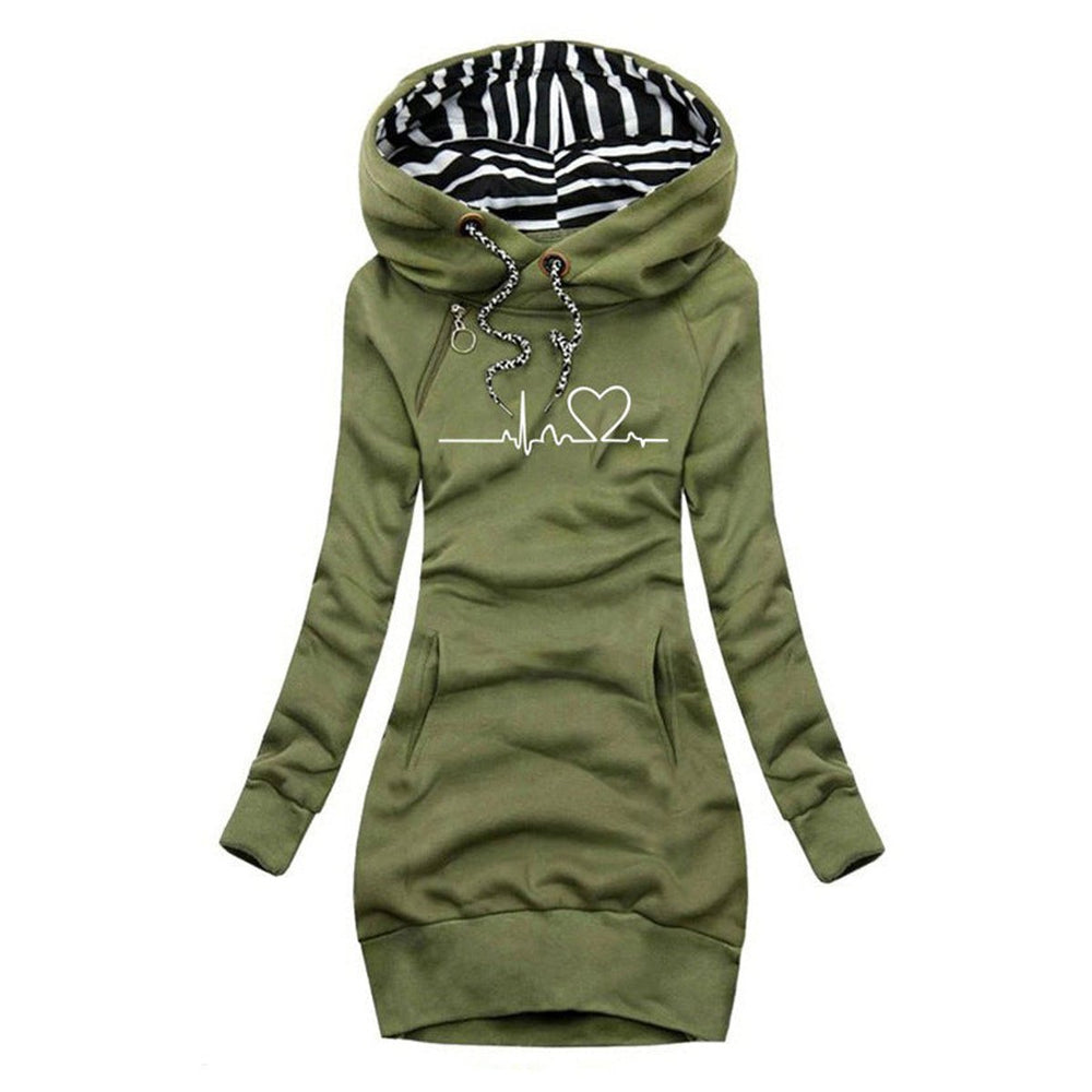 Fenna groene hartslag print capuchon sweaterjurk, vooraanzicht