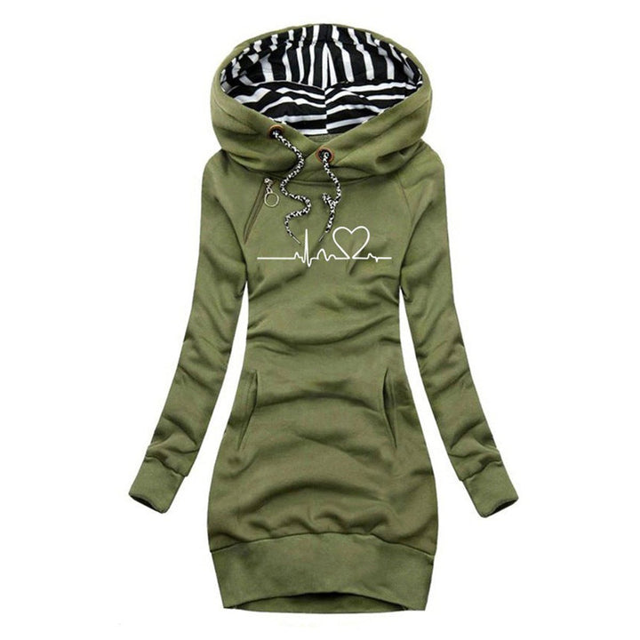 Fenna groene hartslag print capuchon sweaterjurk, vooraanzicht