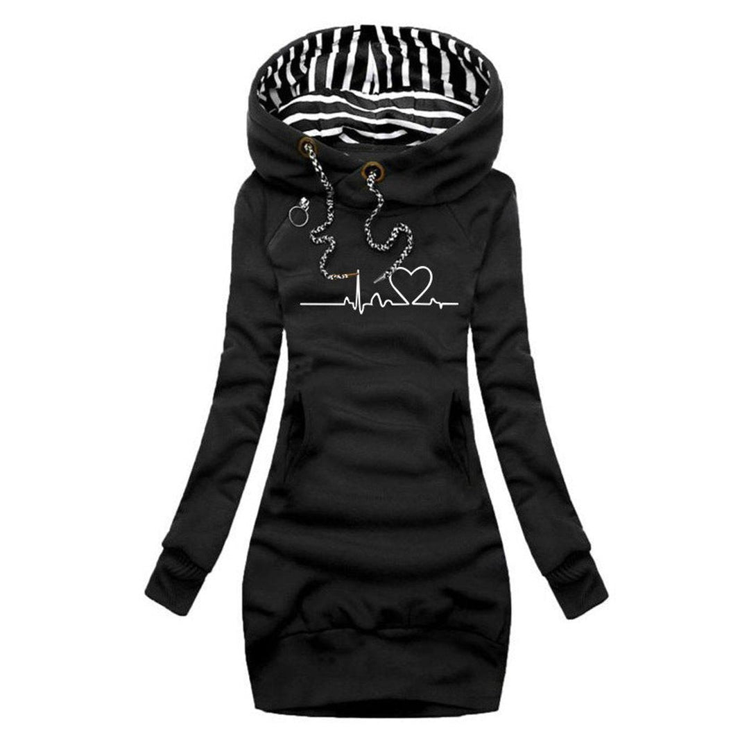 Fenna zwarte hartslag print capuchon sweaterjurk, vooraanzicht