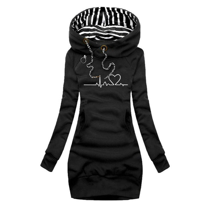 Fenna zwarte hartslag print capuchon sweaterjurk, vooraanzicht