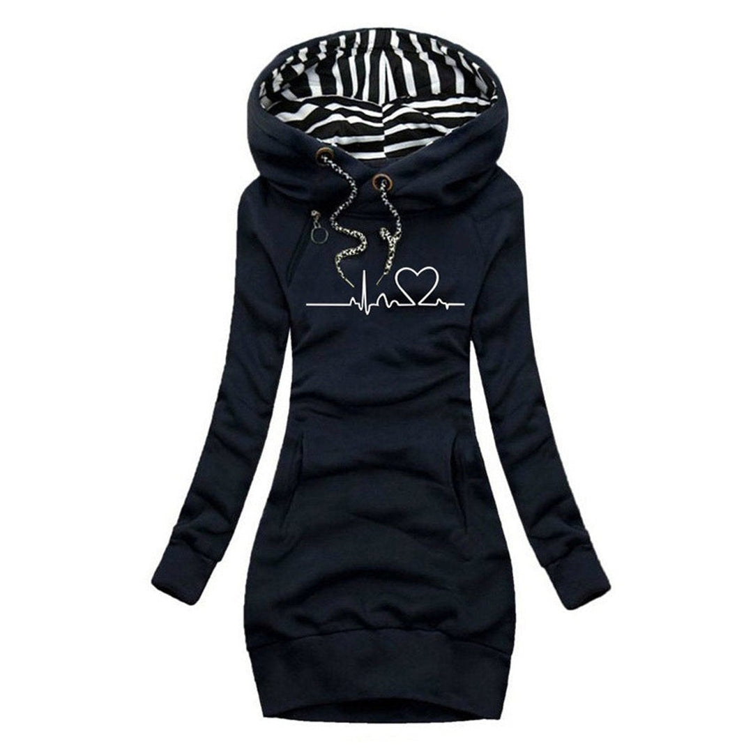 Fenna donkerblauwe hartslag print capuchon sweaterjurk, vooraanzicht