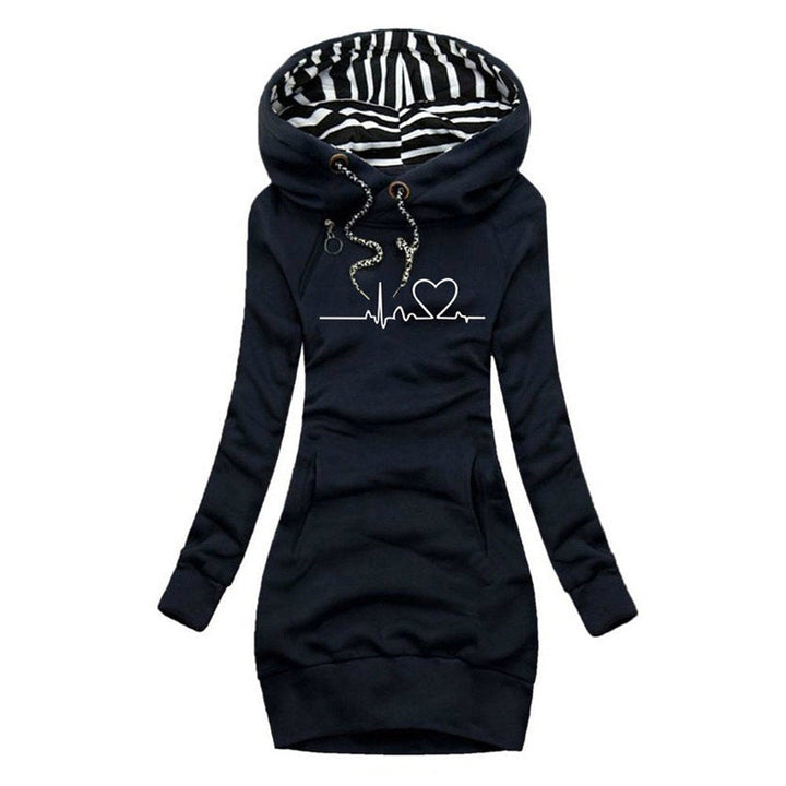 Fenna donkerblauwe hartslag print capuchon sweaterjurk, vooraanzicht