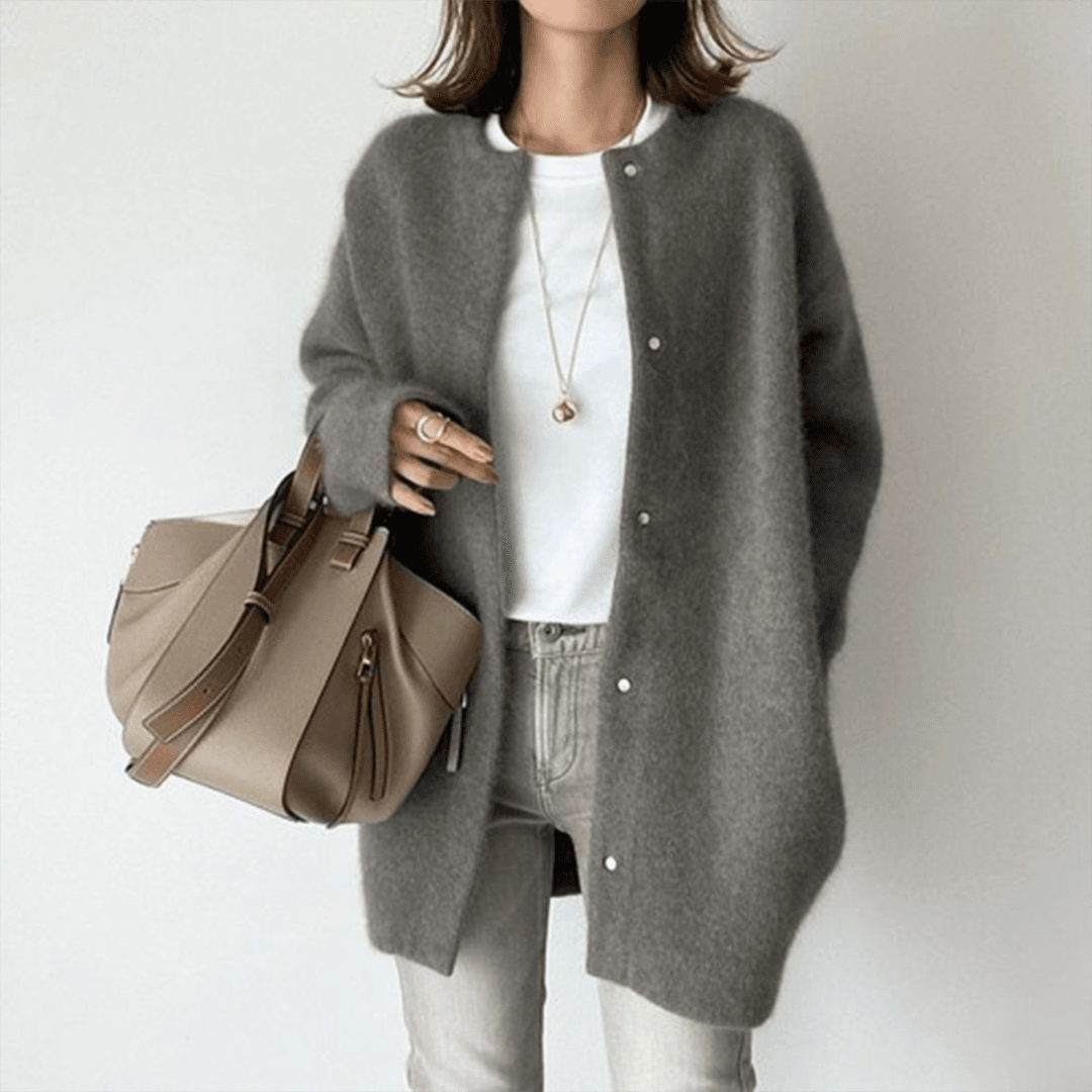 Fleur grijs oversized vest met ronde hals, vooraanzicht