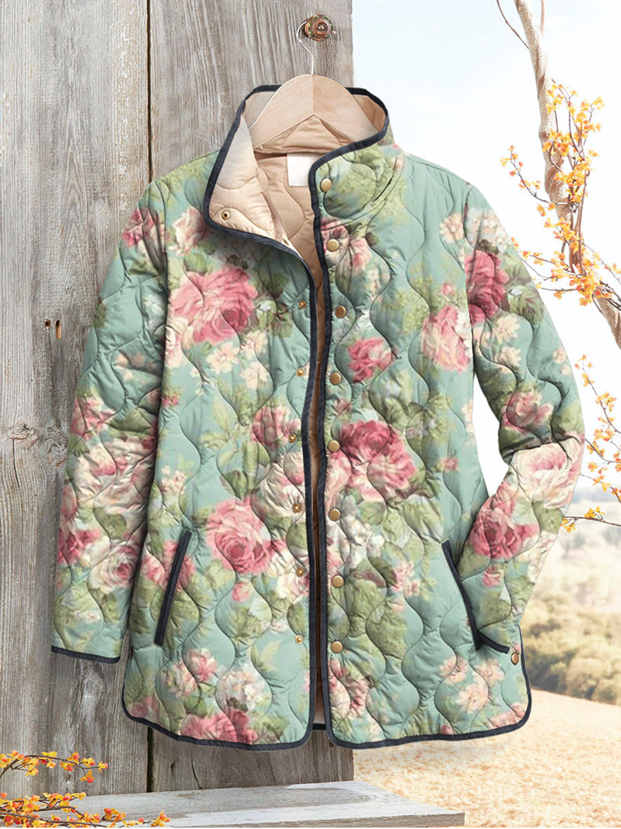 Ingrid retro bloemenprint gewatteerde jas, vooraanzicht hangend