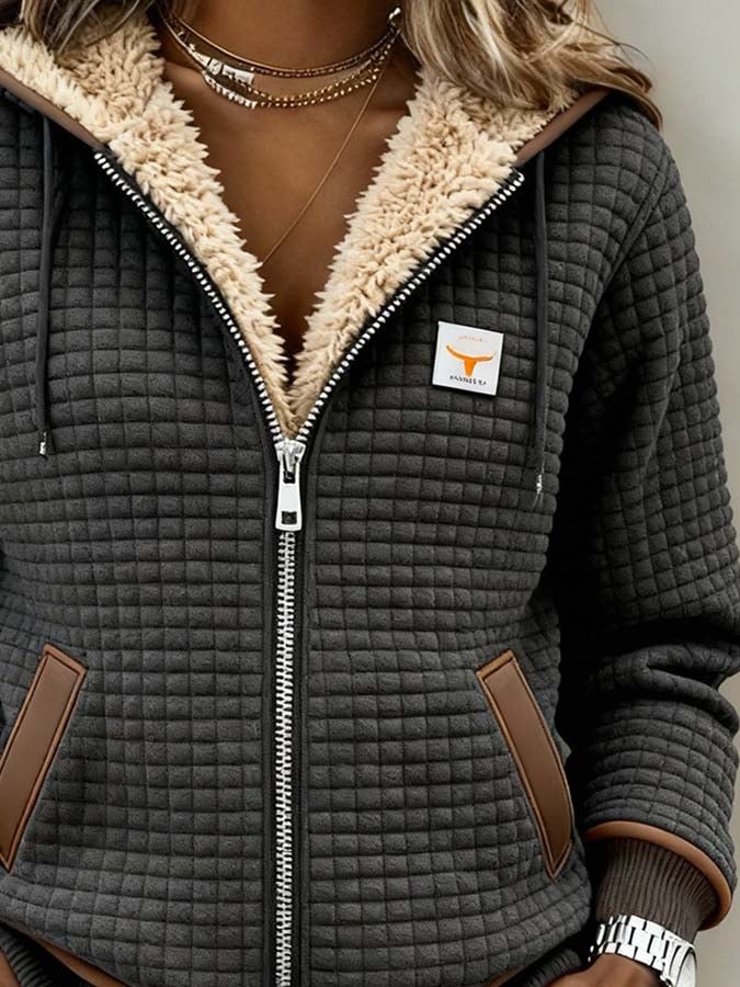 Isabel gevoerd vest close-up van capuchon en ritsdetail