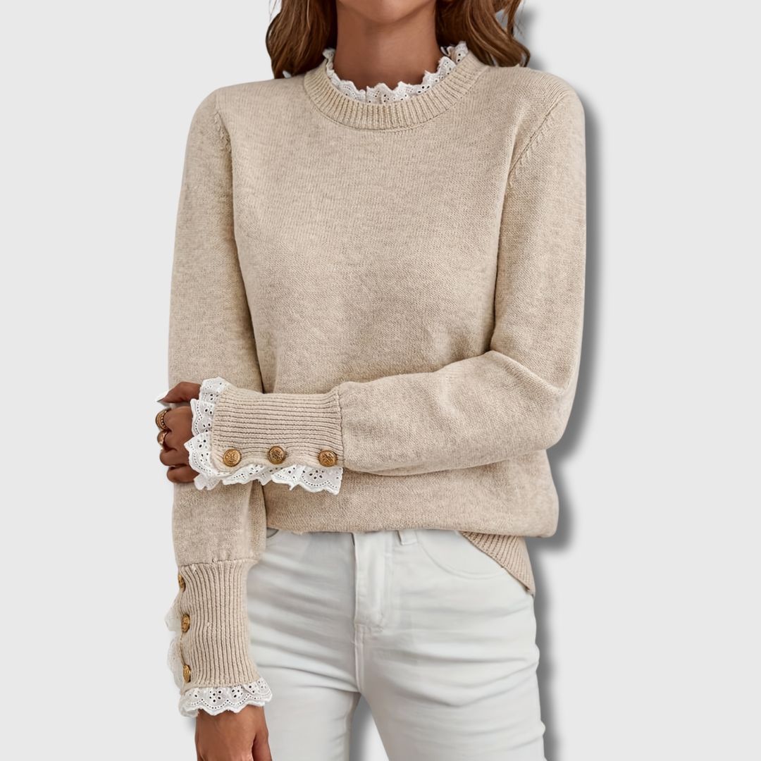 Josefien kant afgezette knoop manchet pullover, vooraanzicht met gouden knopen