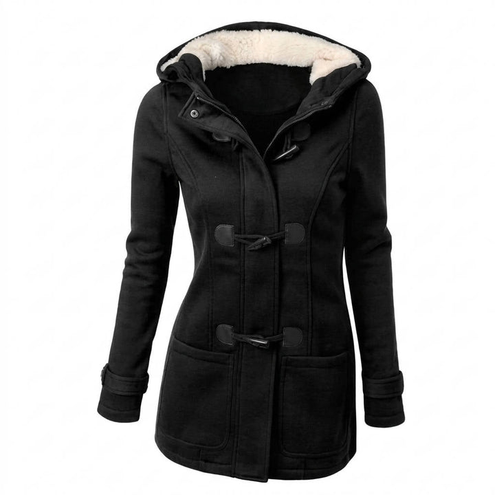 Julia getailleerde duffelcoat met capuchon, vooraanzicht in zwart