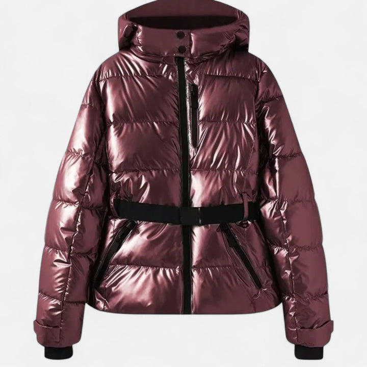 Liselotte metallic bordeaux getailleerde ski-jas met capuchon, vooraanzicht
