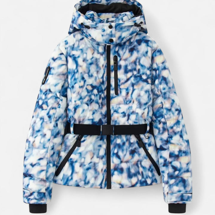 Liselotte blauw abstract patroon ski-jas met capuchon, vooraanzicht