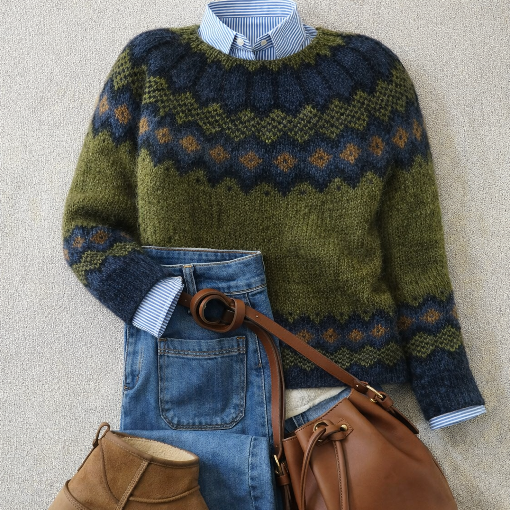 Liselotte trui gestyled met jeans en tas, platte lay-out