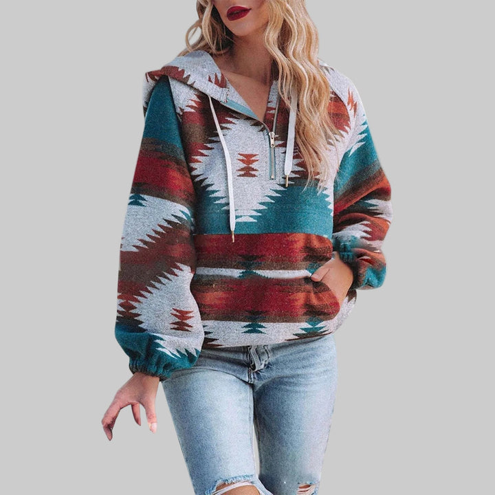 Loes Aztec print hoodie met halve rits, vooraanzicht in blauwtinten