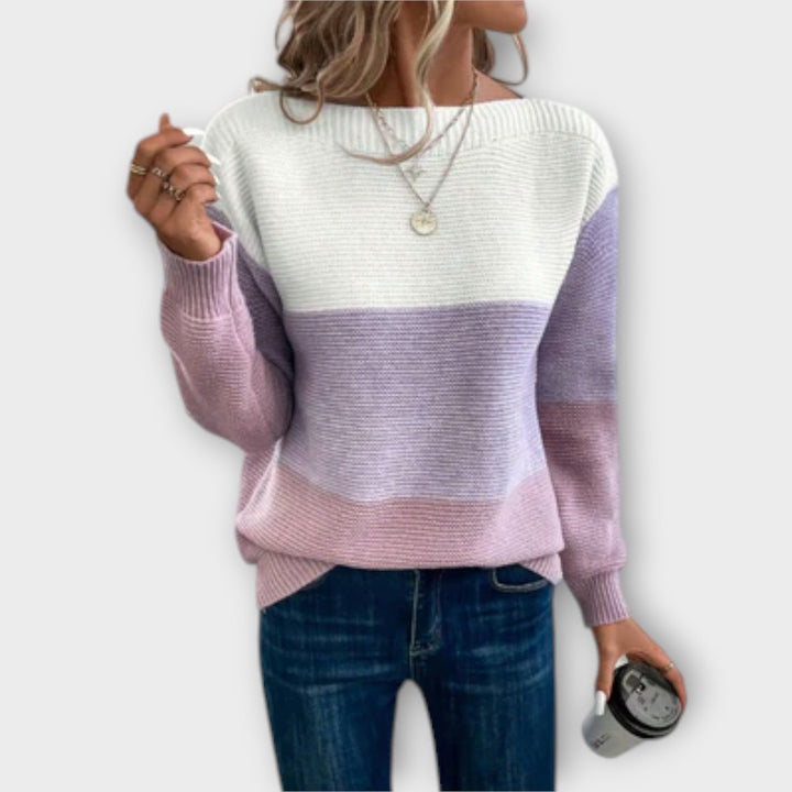 Marit colorblock trui met horizontale strepen, achteraanzicht in paarstinten