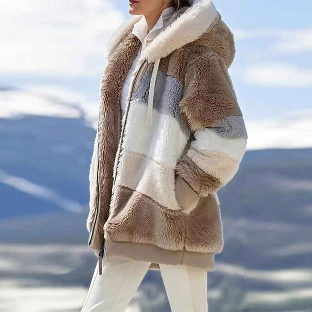 Marit beige colourblock vest met capuchon, zijaanzicht