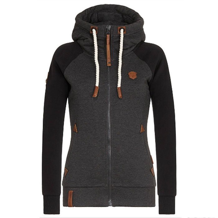 Marit hoodie jas met rits, vooraanzicht in zwart met contrasterende mouwen