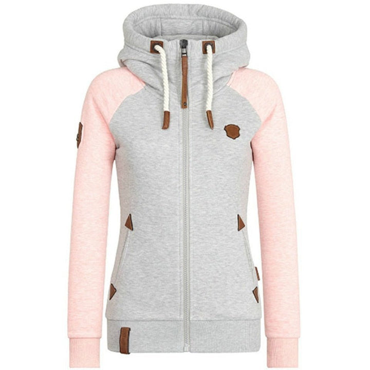 Marit hoodie jas met rits, vooraanzicht in grijs met roze mouwen