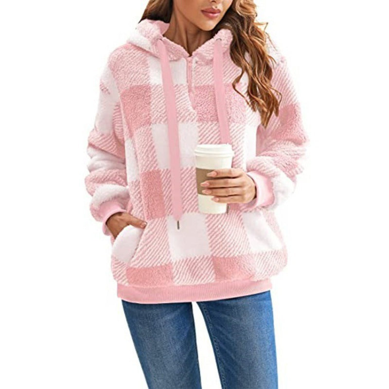 Marit roze geruite fleece hoodie met capuchon, vooraanzicht