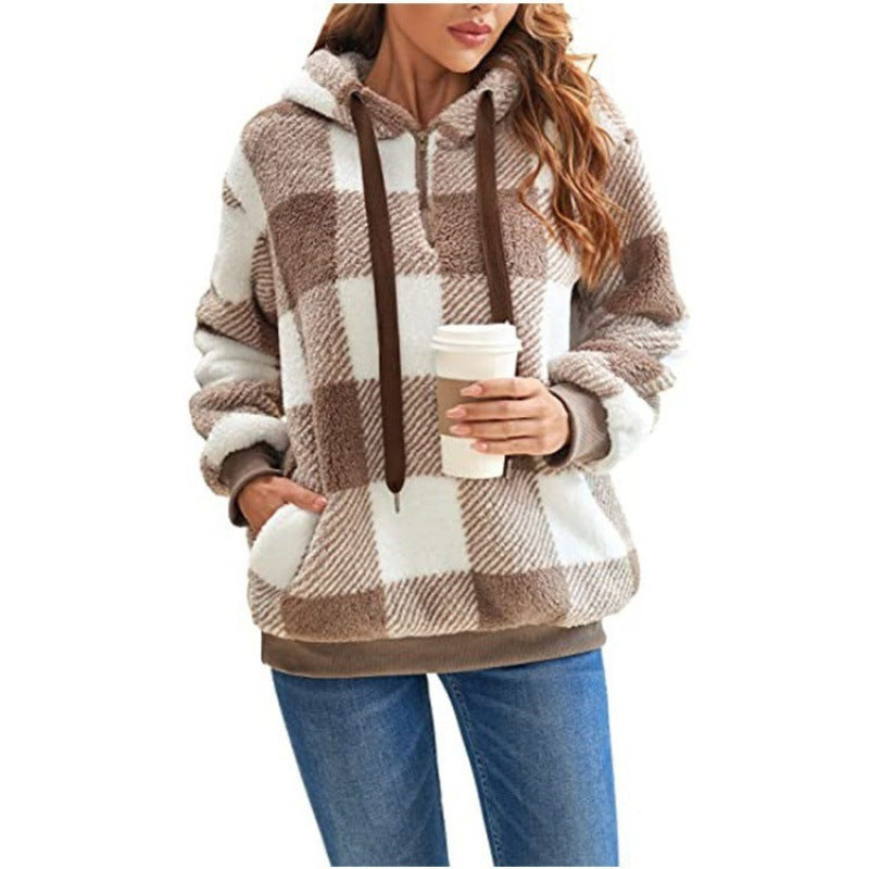 Marit khaki geruite fleece hoodie met capuchon, close-up