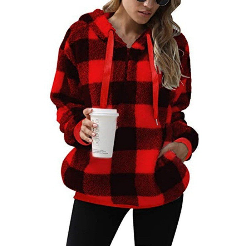 Marit rood geruite fleece hoodie met capuchon, vooraanzicht