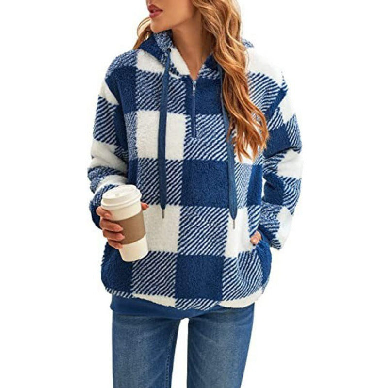 Marit blauw geruite fleece hoodie met capuchon, vooraanzicht