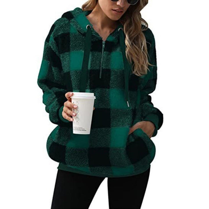 Marit groen geruite fleece hoodie met capuchon, vooraanzicht