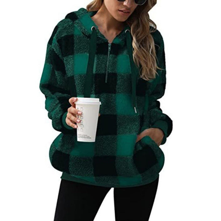 Marit groen geruite fleece hoodie met capuchon, close-up
