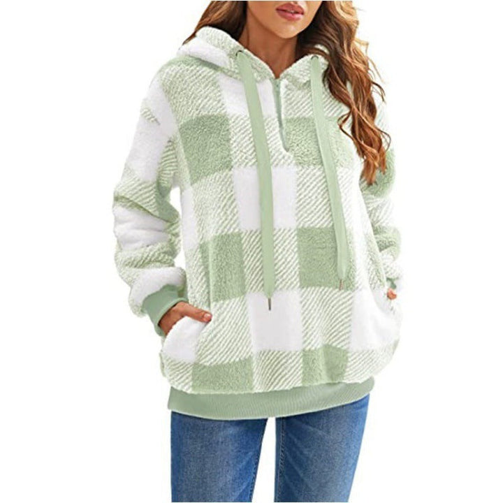 Marit hellgroen geruite fleece hoodie met capuchon, vooraanzicht