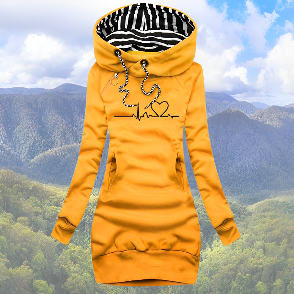 Marit hartslag print hoodie in geel, vooraanzicht