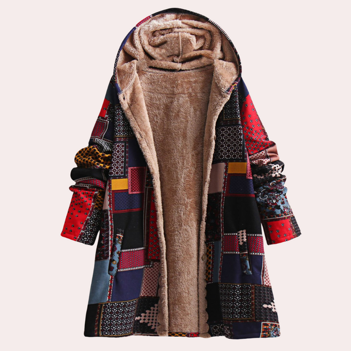 Marleen boho patchwork gevoerde winterjas met capuchon, vooraanzicht open