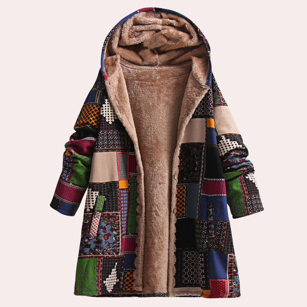 Marleen boho patchwork gevoerde winterjas met capuchon in alternatieve kleurstelling