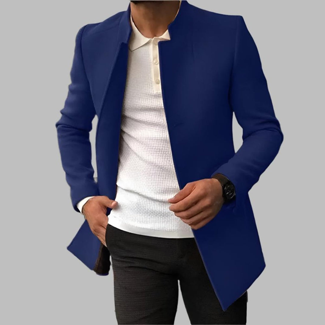 Mathis blauwe slim-fit stehkraag mantel, vooraanzicht