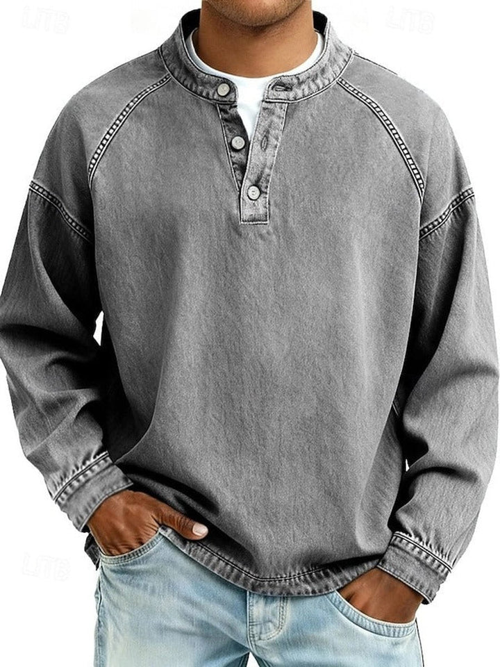 Mats grijze retro henley pullover met raglanmouwen, vooraanzicht