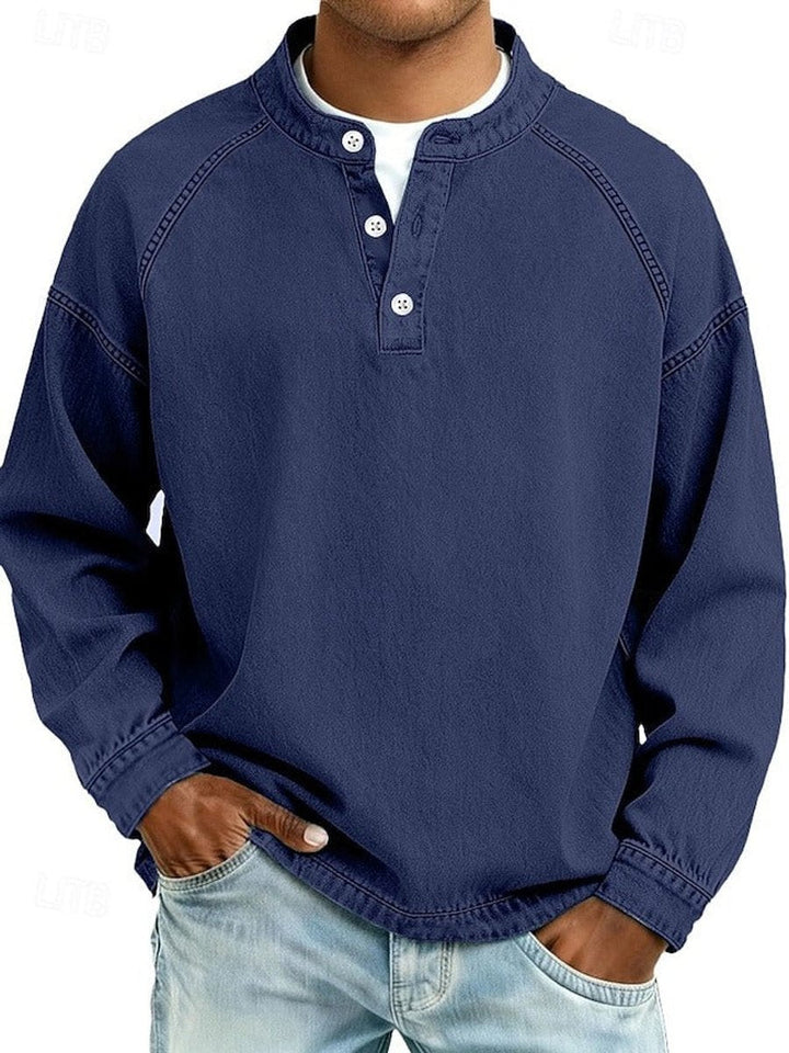 Mats lila retro henley pullover met used-look wassing, vooraanzicht