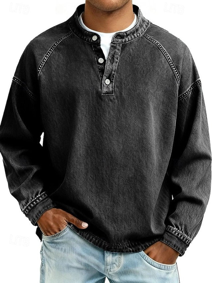 Mats zwarte retro henley pullover met used-look wassing, vooraanzicht