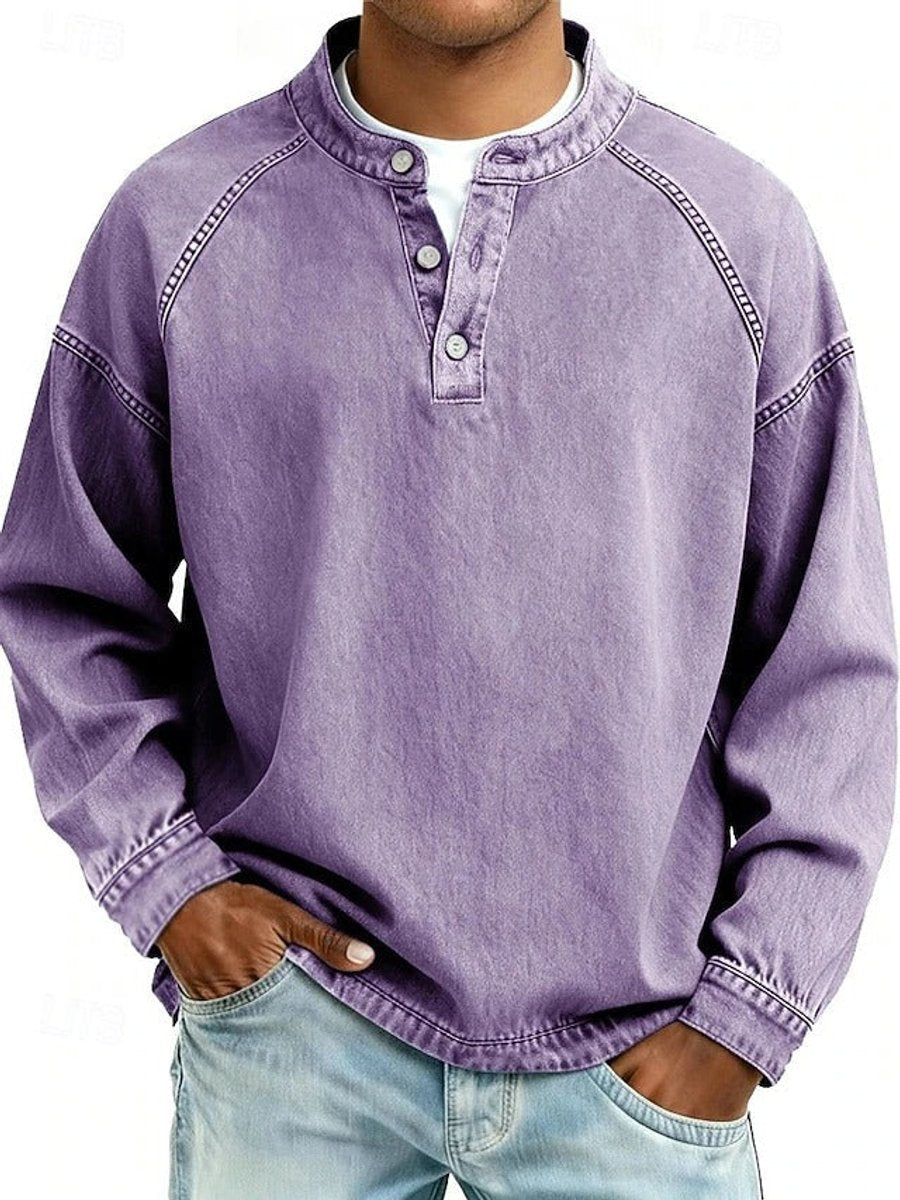 Mats lila retro henley pullover met used-look wassing, vooraanzicht