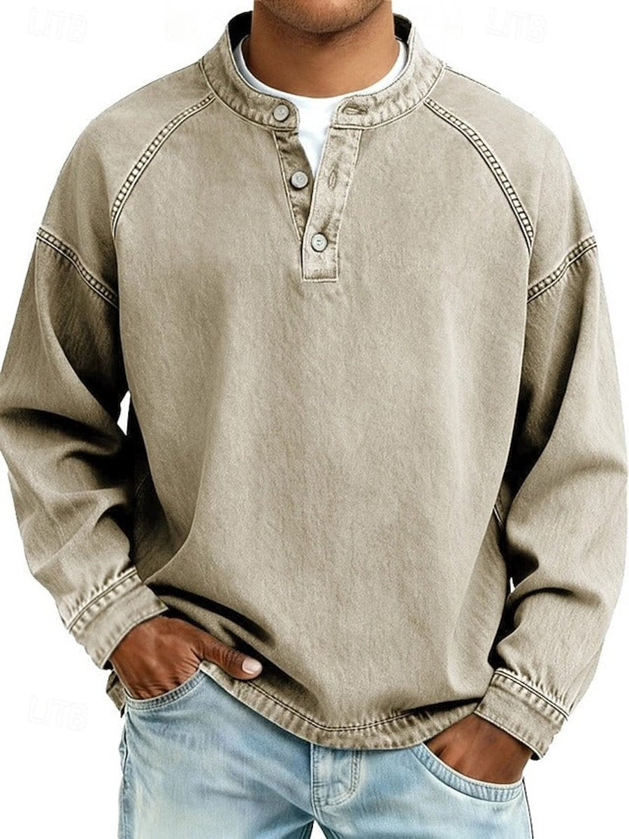 Mats lila retro henley pullover met used-look wassing, vooraanzicht