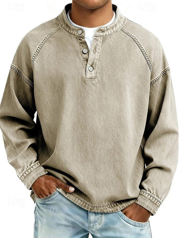 Mats lila retro henley pullover met used-look wassing, vooraanzicht