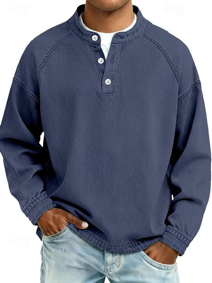 Mats lila retro henley pullover met used-look wassing, vooraanzicht