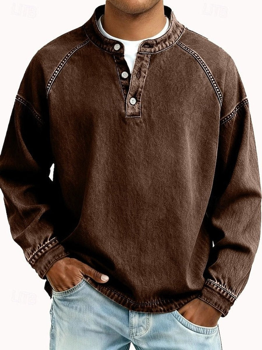 Mats lila retro henley pullover met used-look wassing, vooraanzicht