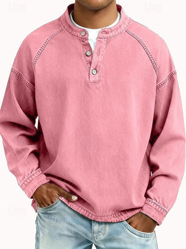 Mats lila retro henley pullover met used-look wassing, vooraanzicht
