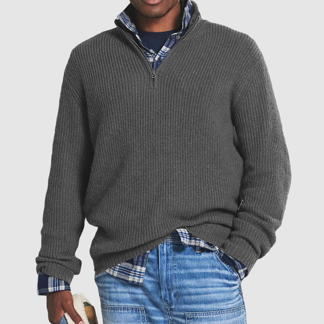 Mats grijze ribgebreide quarter-zip pullover, vooraanzicht