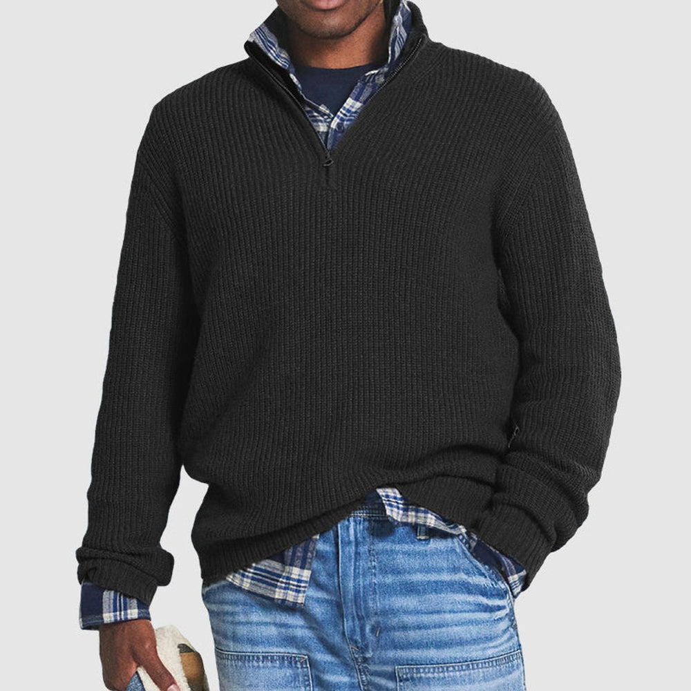 Mats zwarte ribgebreide quarter-zip pullover, vooraanzicht