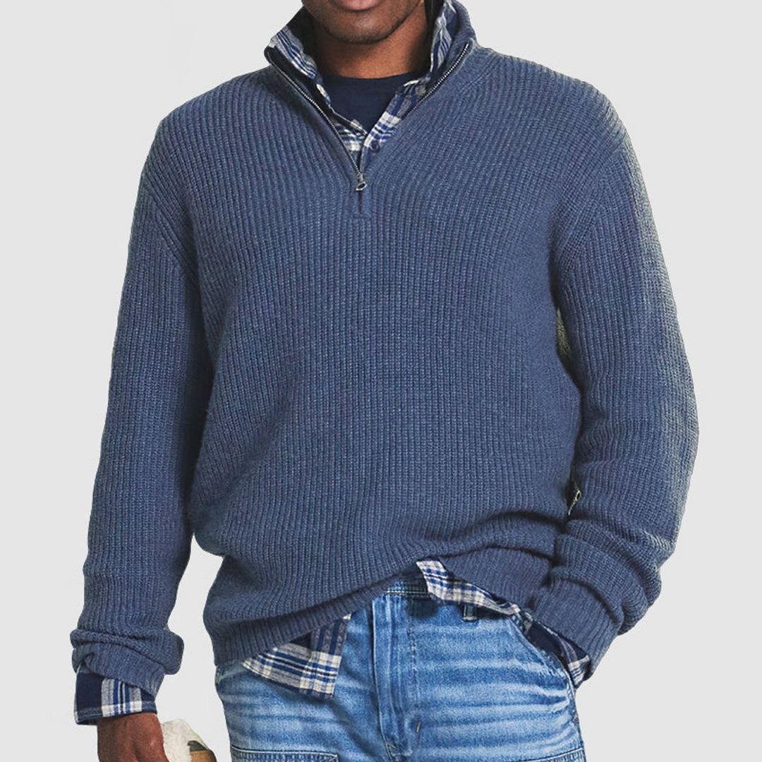 Mats blauwe ribgebreide quarter-zip pullover, vooraanzicht