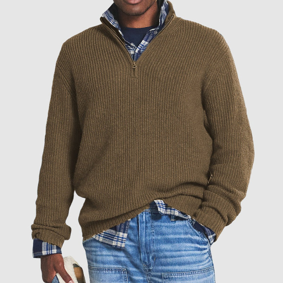 Mats bruine ribgebreide quarter-zip pullover, vooraanzicht
