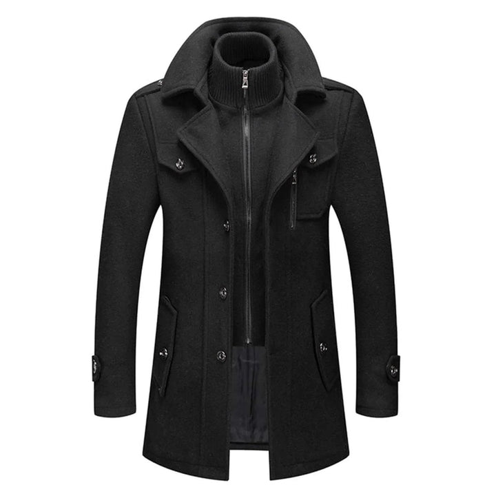 Matthias zwarte slim-fit wollen winterjas met gebreide kraag, vooraanzicht