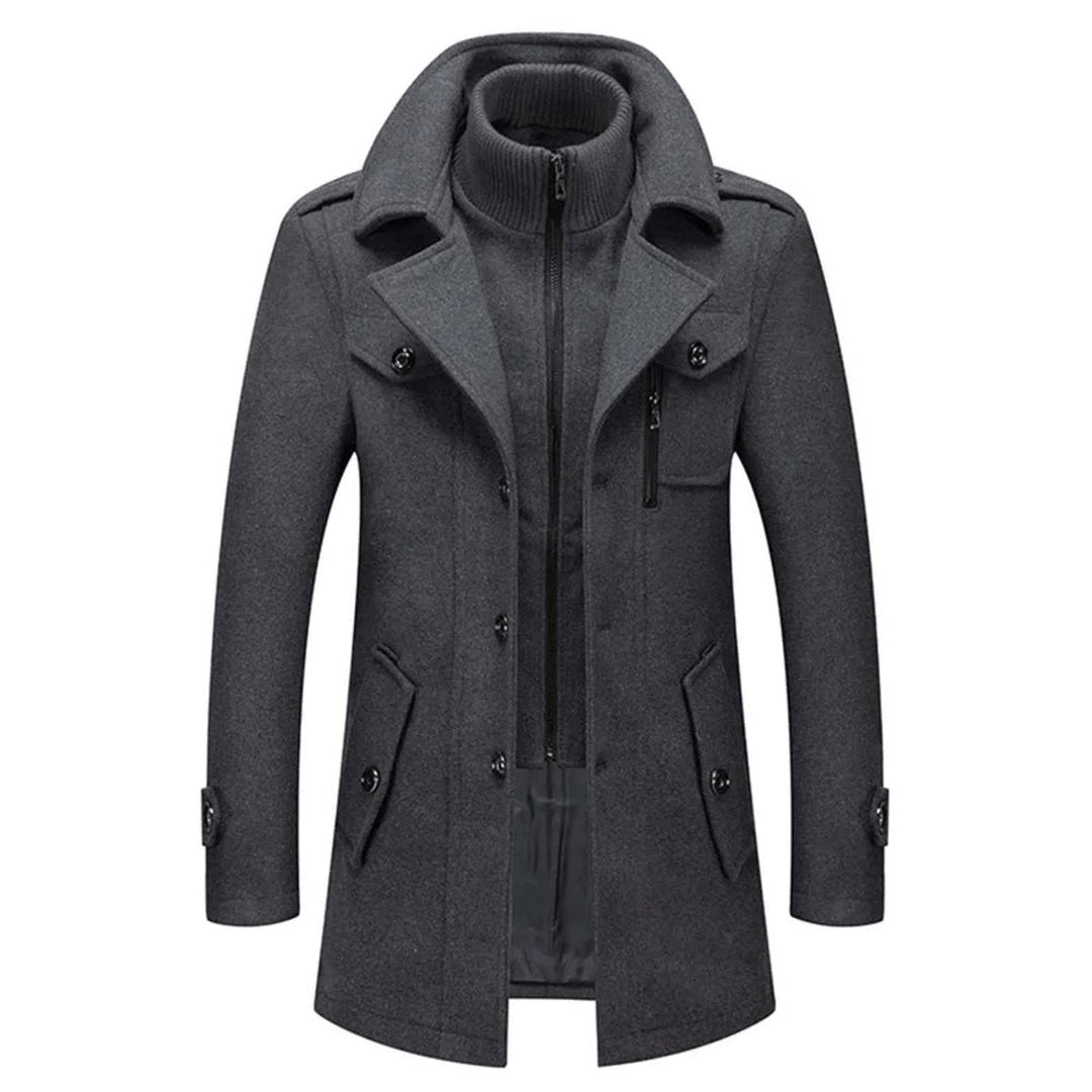 Matthias grijze slim-fit wollen winterjas met gebreide kraag, vooraanzicht