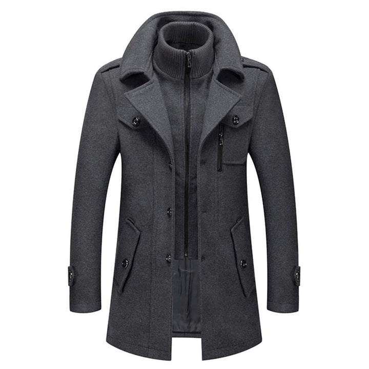 Matthias grijze slim-fit wollen winterjas met gebreide kraag, vooraanzicht