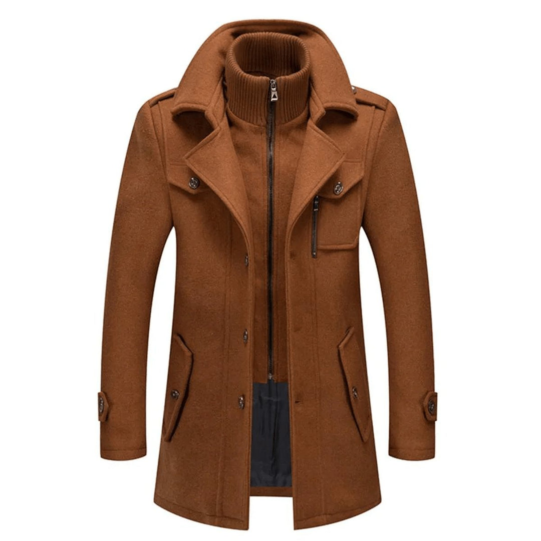 Matthias grijze slim-fit wollen winterjas met gebreide kraag, vooraanzicht